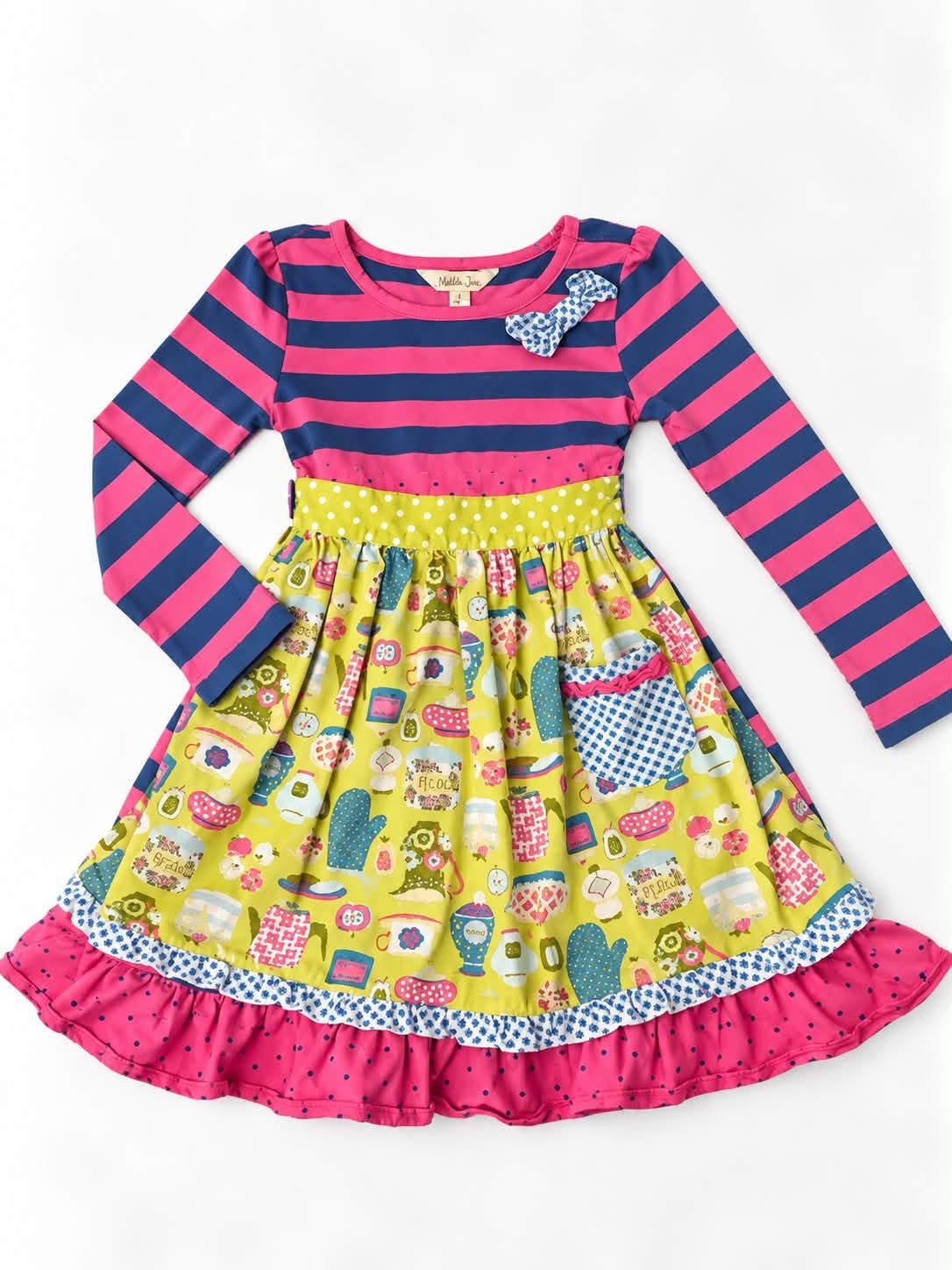 Matilda Jane pink navy striped and novelty print girls dress size 4