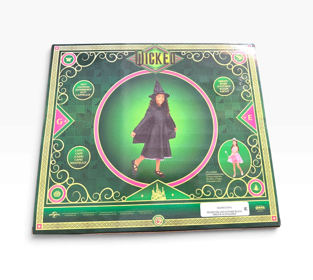 Wicked Deluxe Elphaba costume set back of box showing dress hat and cape