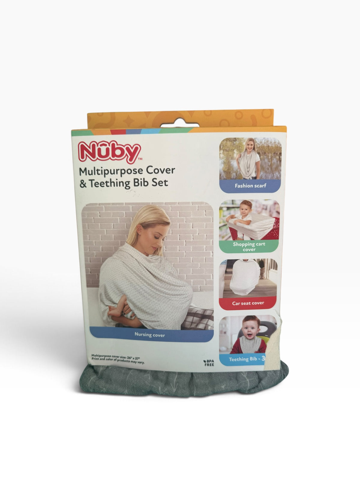 Nuby Multipurpose Cover and Teething Bib Set in original packaging showing its various uses