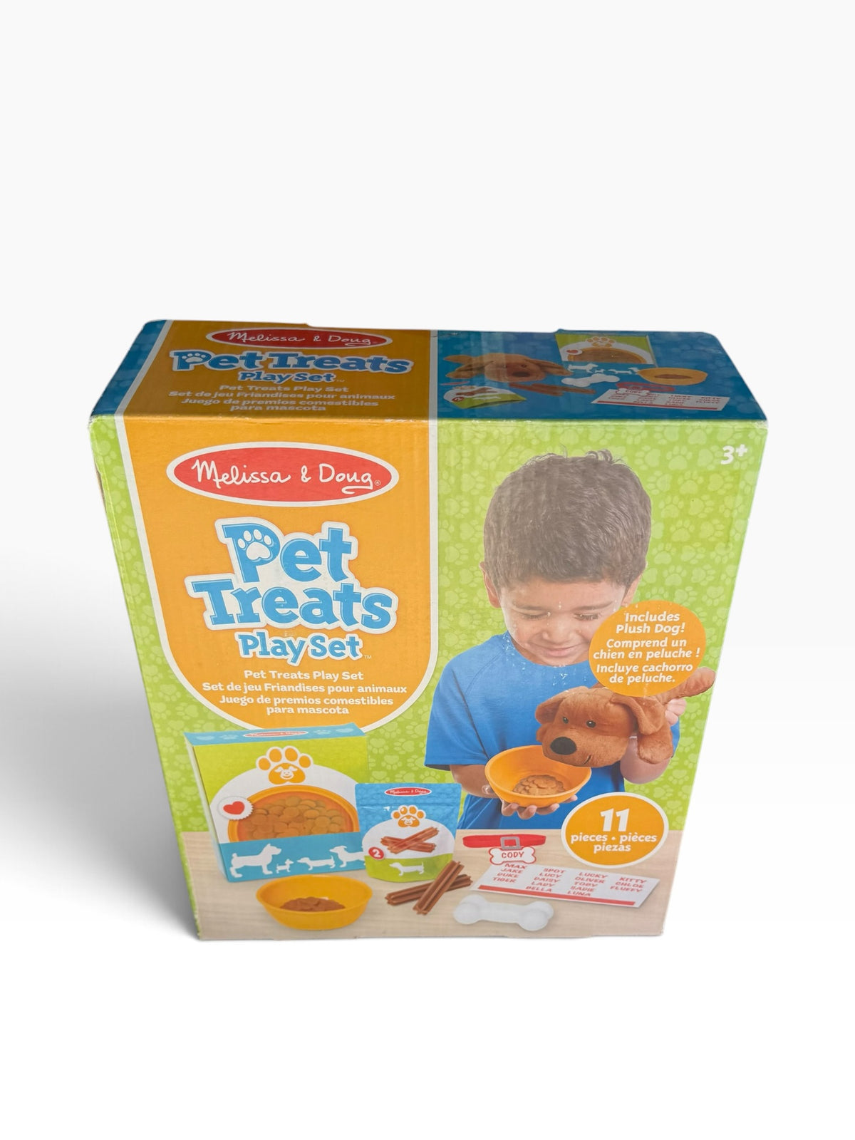 Melissa & Doug Pet Treats Play Set box showing a plush dog and pretend pet-care accessories