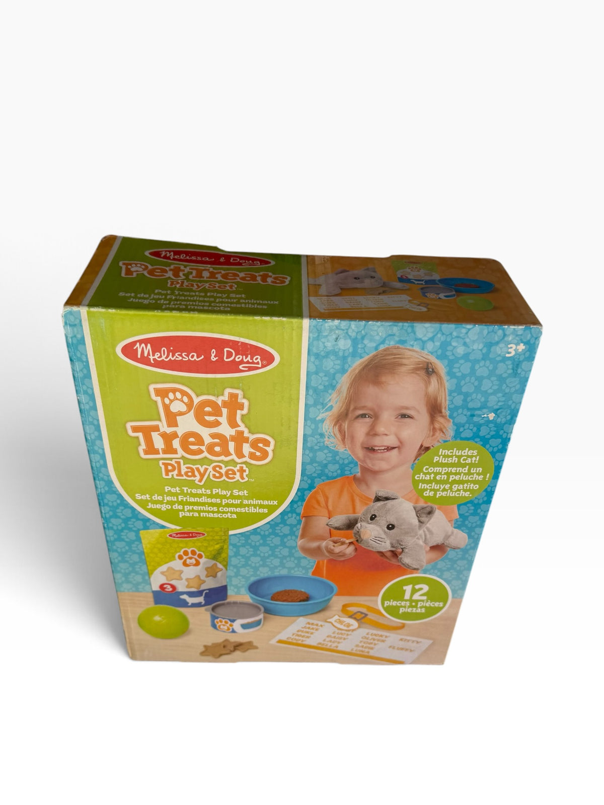 Melissa & Doug Pet Treats cat play set box showing a plush cat and pretend pet-care accessories