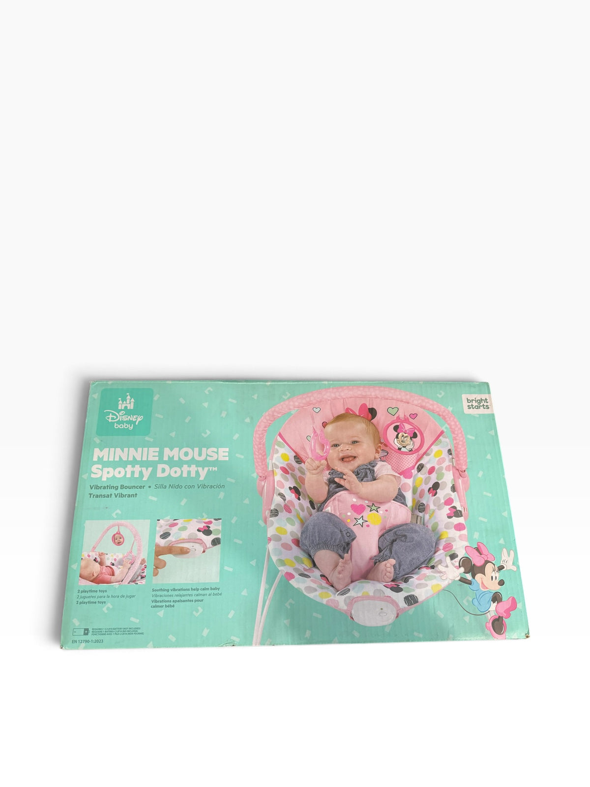 Boxed Bright Starts Minnie Mouse Spotty Dotty vibrating bouncer with pink and multicolored polka-dot design