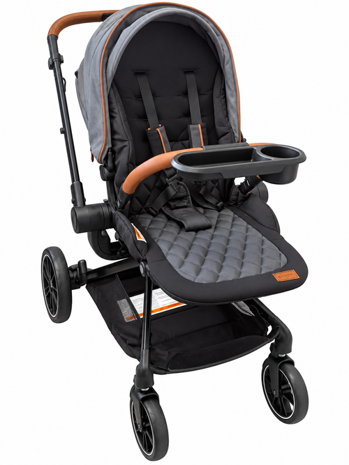 Modern charcoal baby stroller with leather accents like new