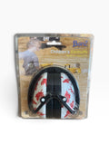 Banz children's earmuffs with red-and-white printed ear cups and black headband in retail packaging