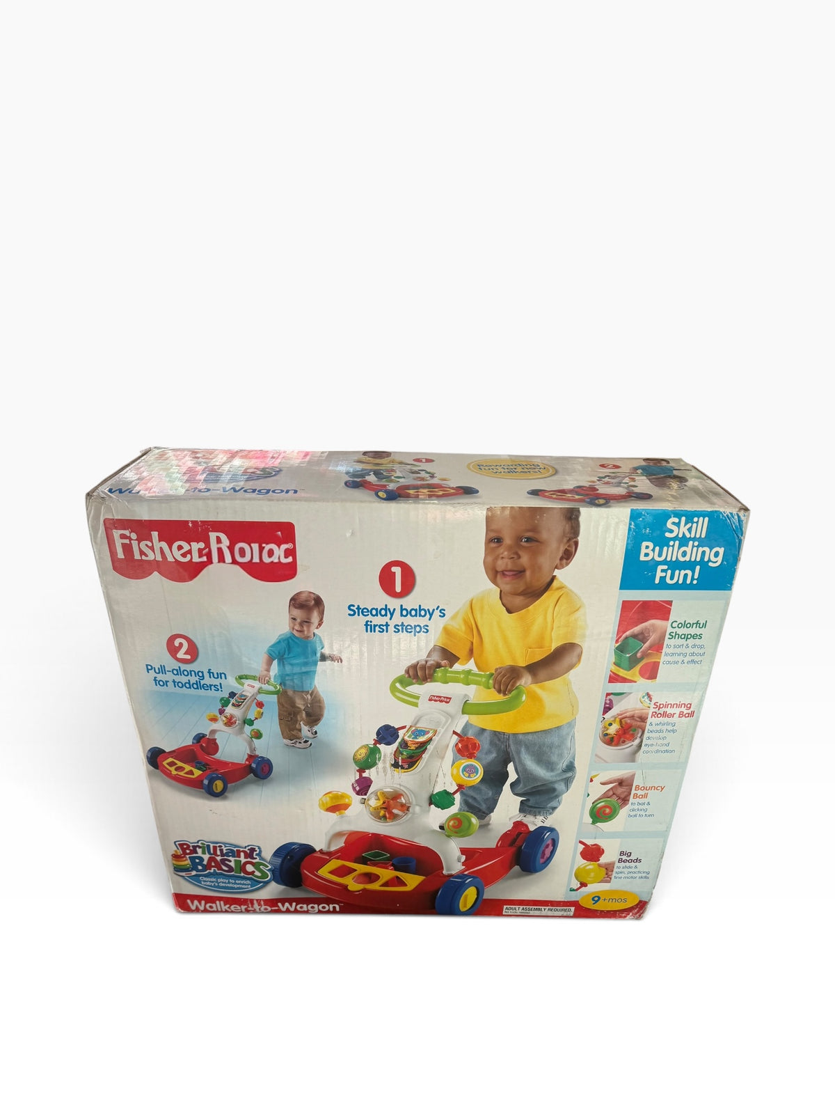 Fisher-Price Brilliant Basics Walker-to-Wagon retail box showing push-walker and pull-along wagon setups