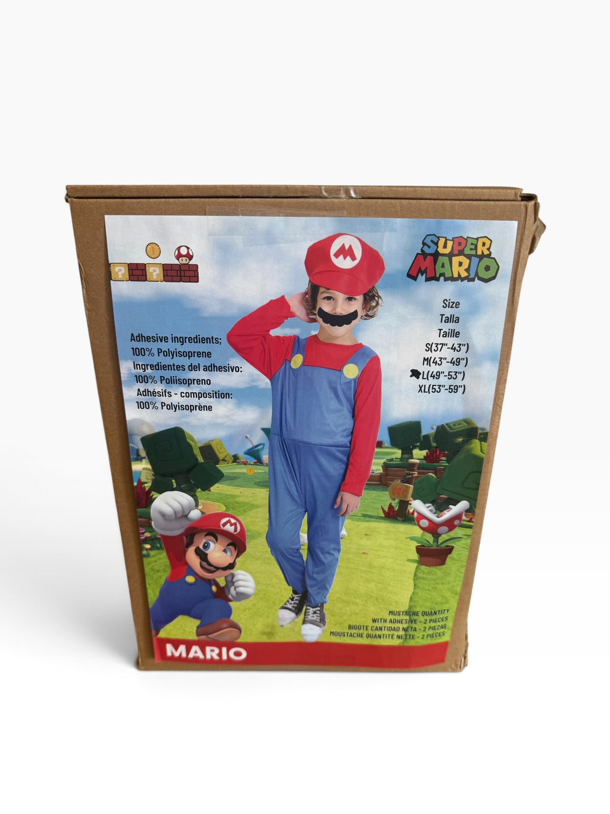 Super Mario costume packaging marked size Large for heights 49 to 53 inches