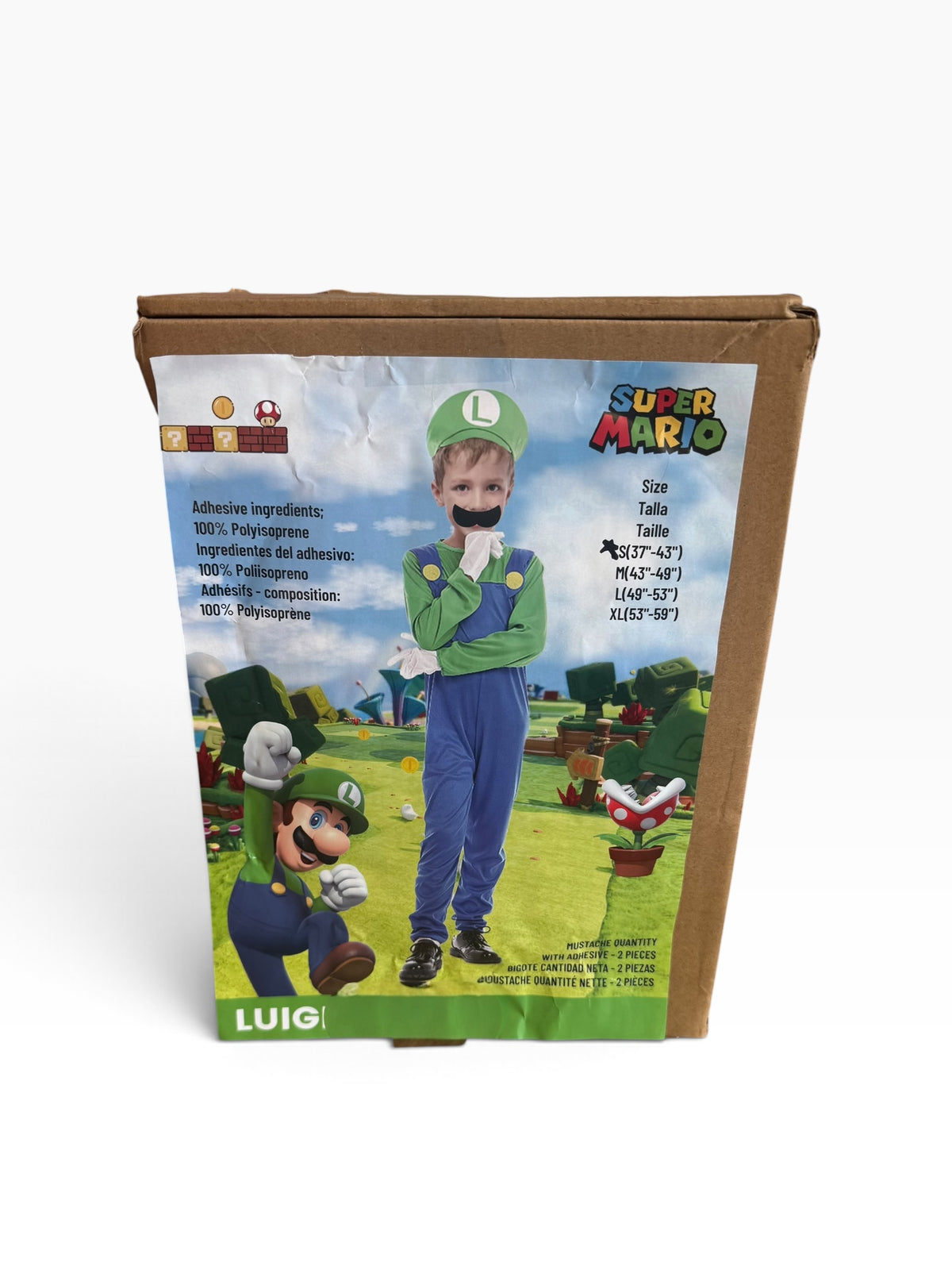 Luigi costume packaging marked size Small for heights 37 to 43 inches