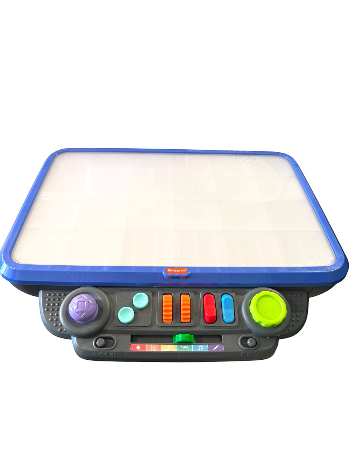 Fisher-Price blue-and-gray activity board with large white panel and colorful buttons, rollers, and knobs