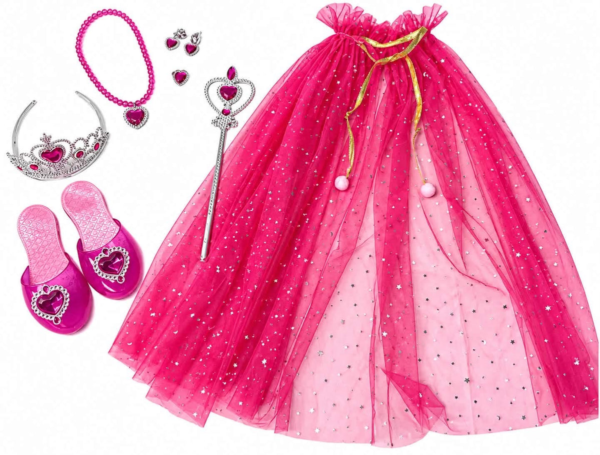Pink princess dress up cape and accessories set with tiara, wand, shoes and jewelry